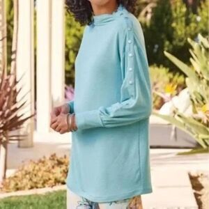Soft Surroundings Arley turquoise tunic sweater mock funnel neck Sleeve snaps L
